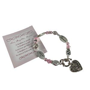 Expressively Yours Daughter Charm Bracelet Silver Tone Pink Heart Toggle Clasp